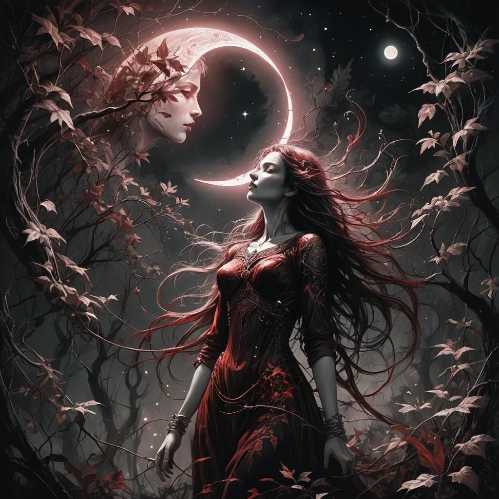 Woman on Crescent Moon: Dark Fantasy Art Nouveau