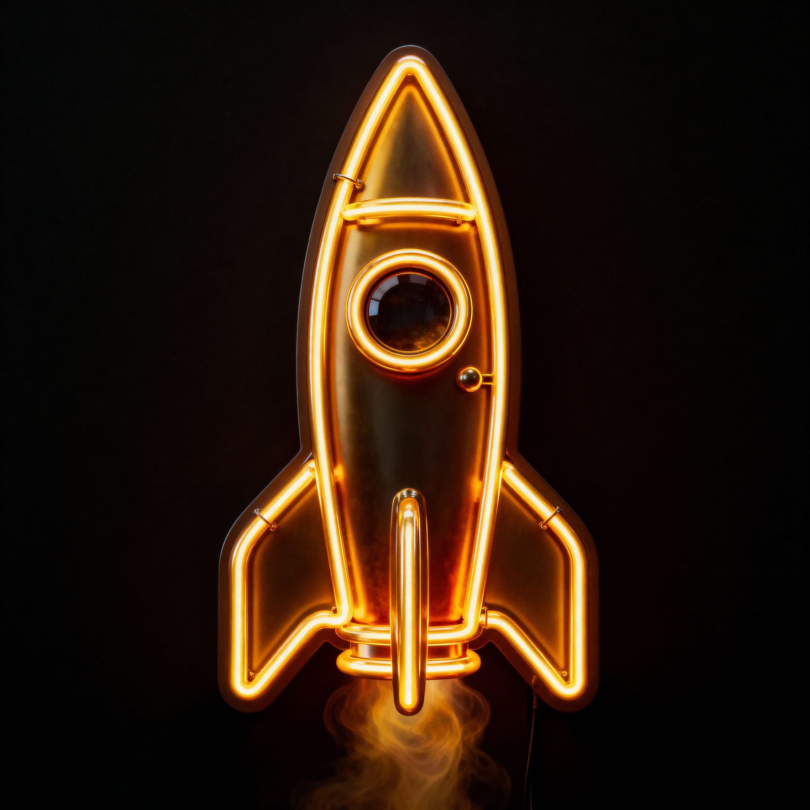 Golden Neon Rocket Sign in Studio Darkness