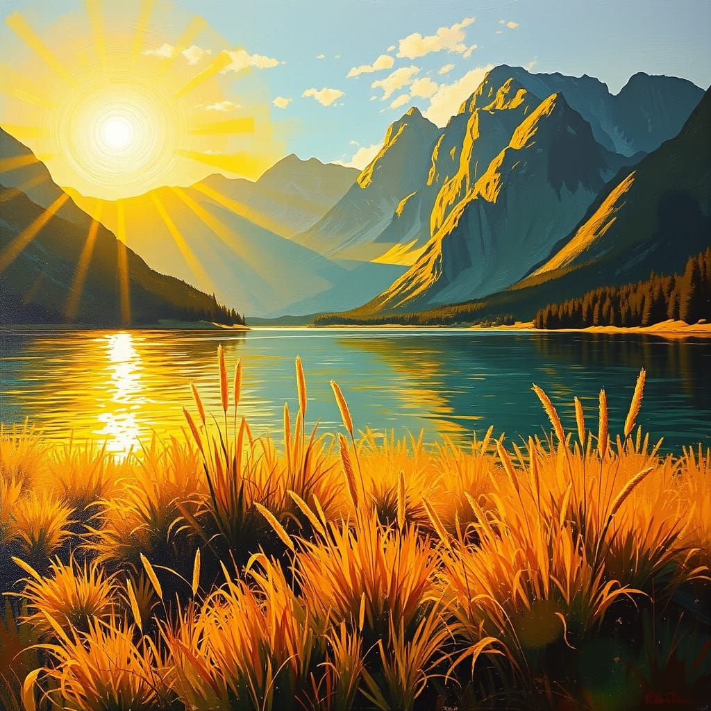 Golden Hour Mountain Lake Landscape Painting