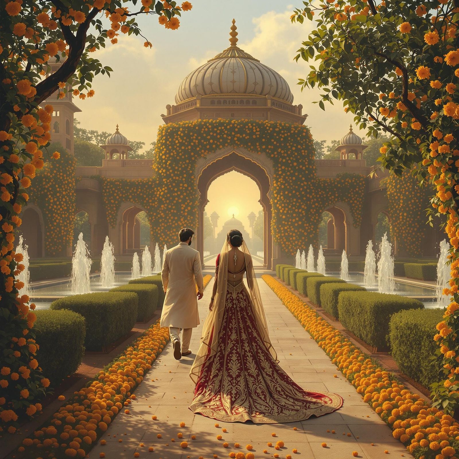 Prince and Anarkali in Mughal Garden: Miniature Baroque Styl...