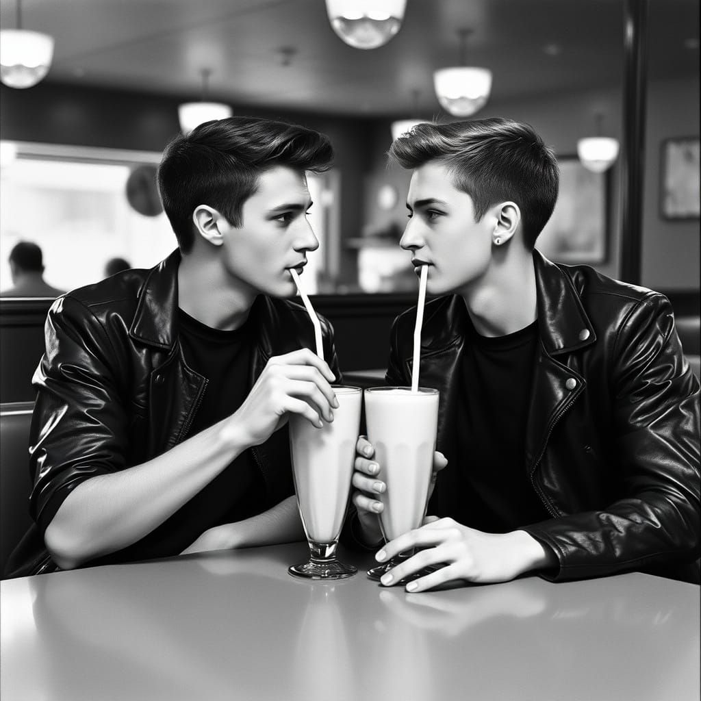 Gay Love in 1950s Diner: Black and White