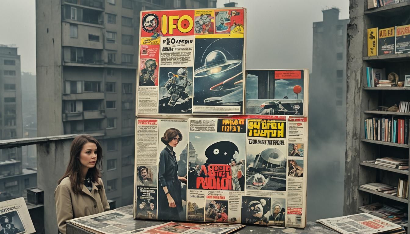 Chernobyl Balcony Scene with Retro Comics and Neon Lights