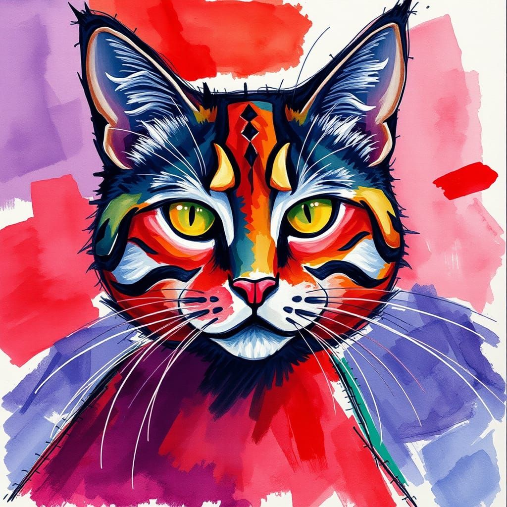 Cubist Cat in Watercolor Style