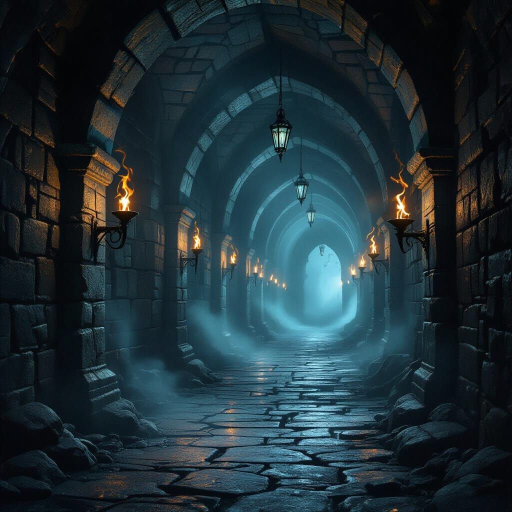 Eerie Stone Dungeon Corridor with Flickering Torches