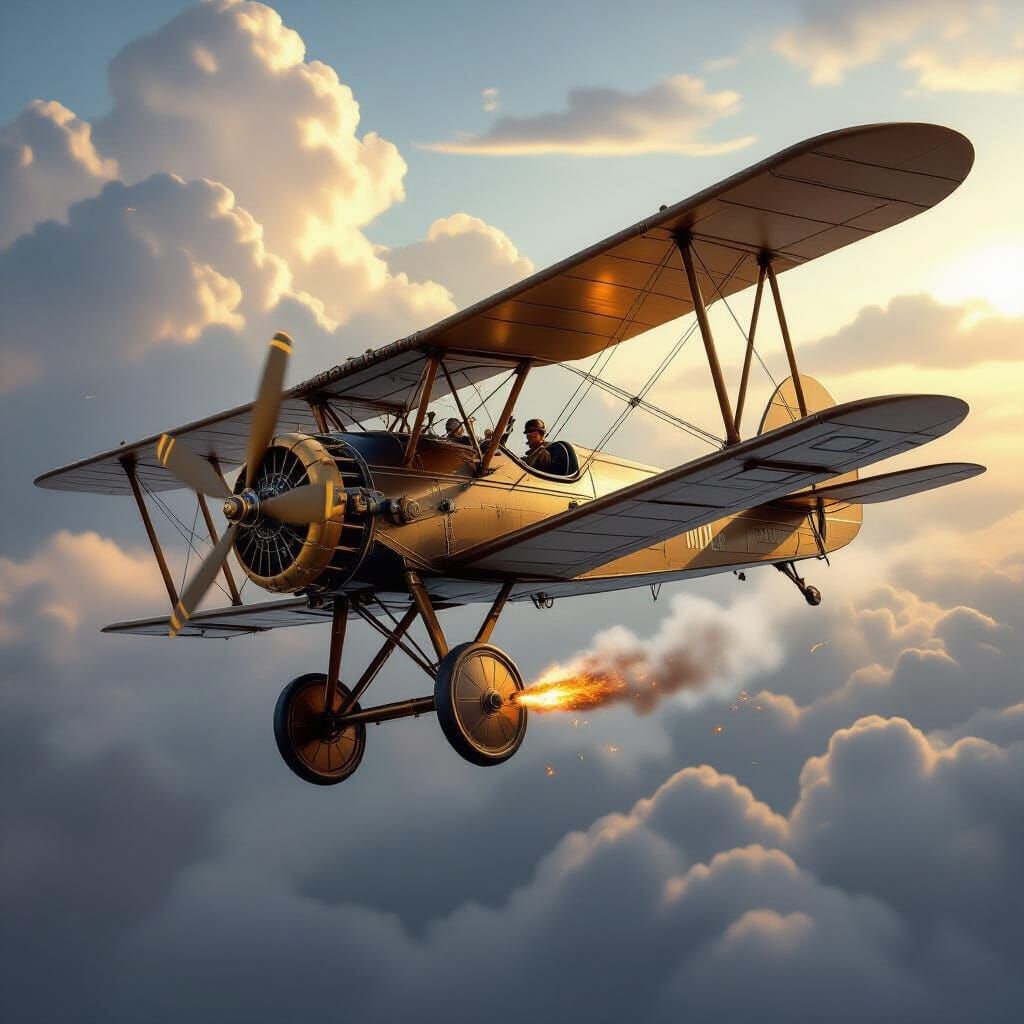 Steampunk Biplane Fighter Soars Through Dramatic Skies