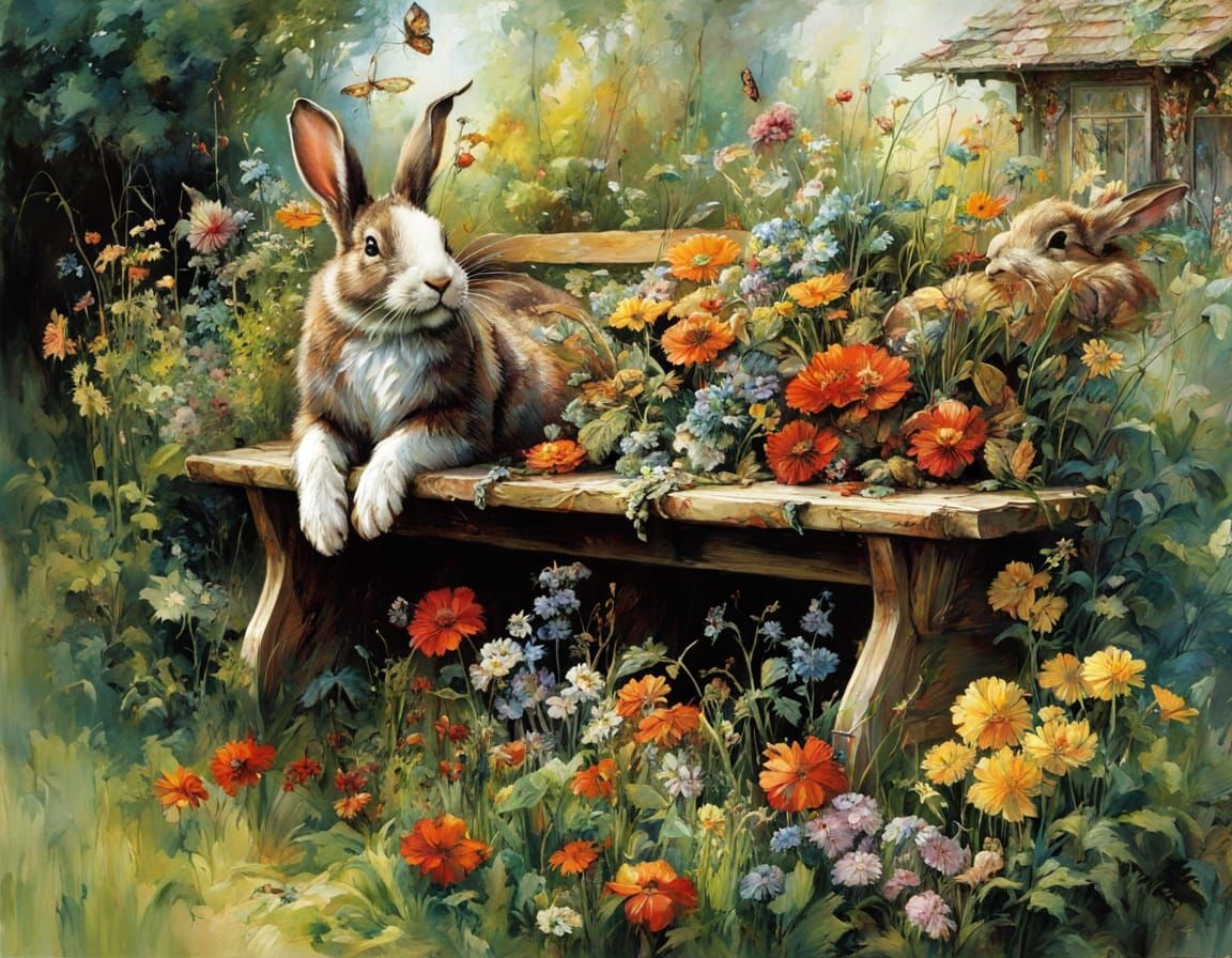 Botanical Garden Scene with Rabbit, Illustrated Style