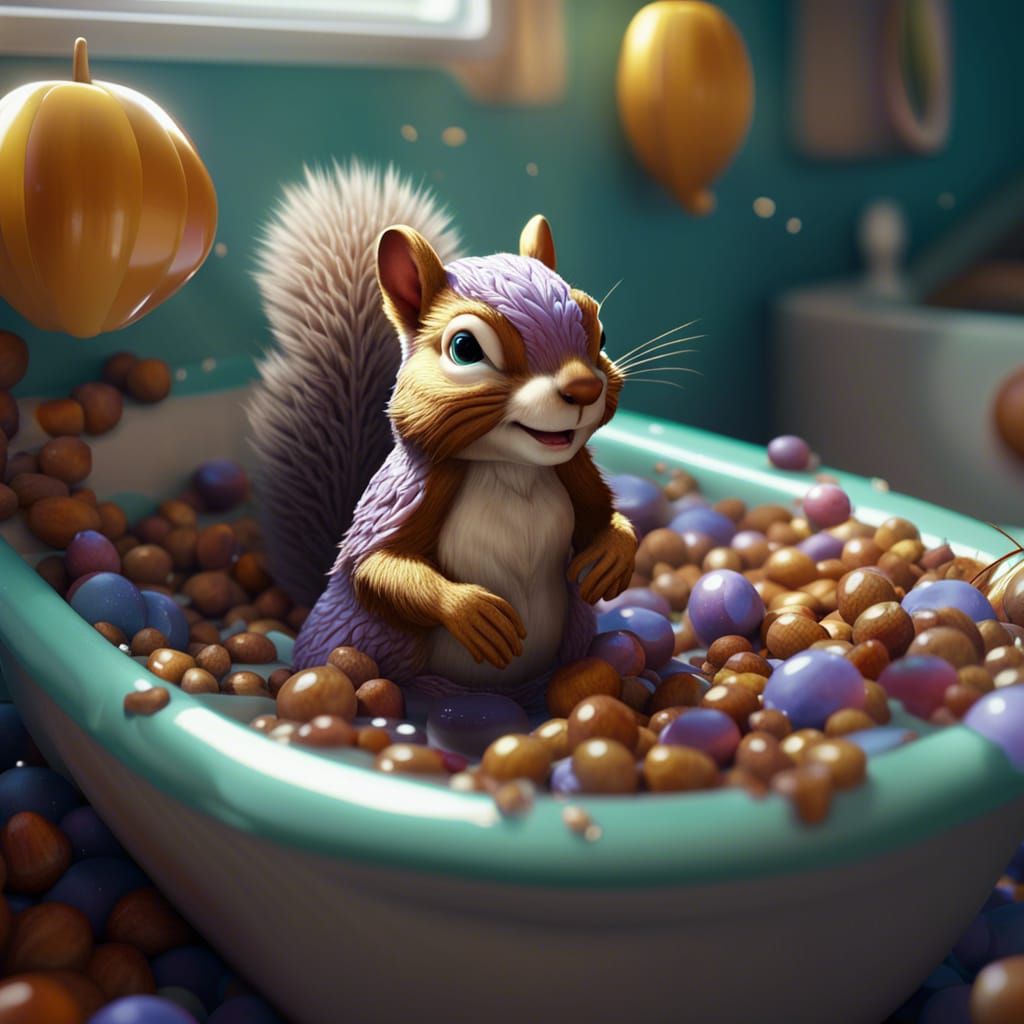 Squirrel in Bathtub of Nuts, Hyperdetailed Concept Art