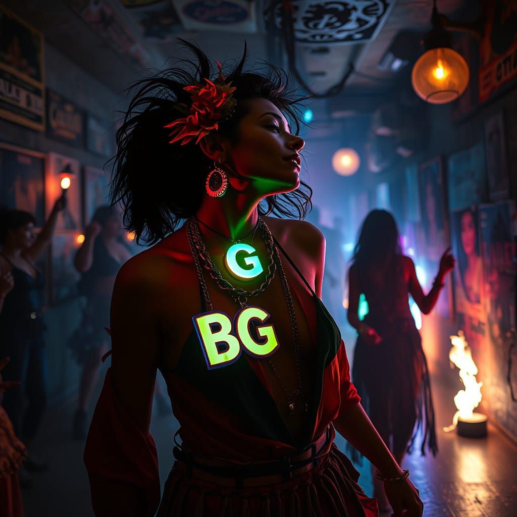 Woman Dances in Neon-Lit Underground Gallery with Retro-Futu...