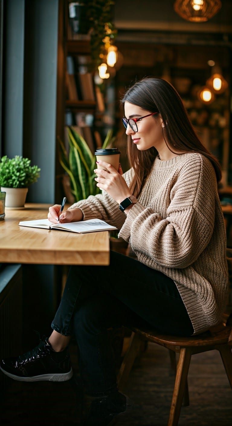 Cozy Cafe Scene with Confident Brunette