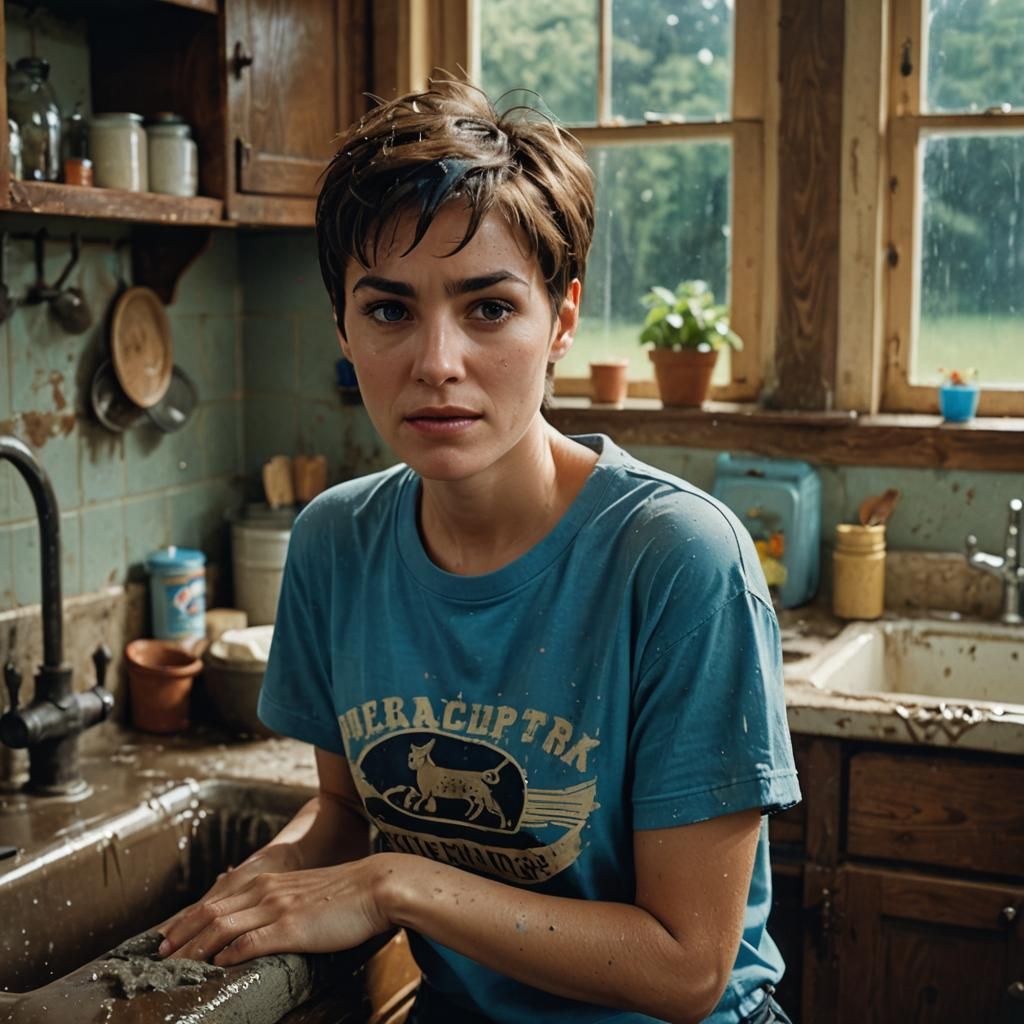 Woman's Kitchen Mishap: A Cinematic Film Still