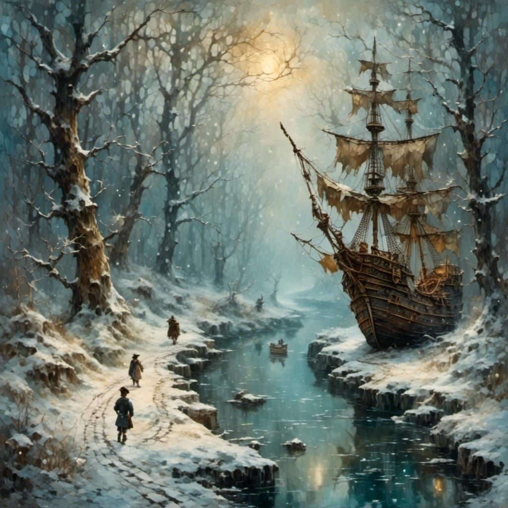 Pirate Ship Sails Through Winter Forest