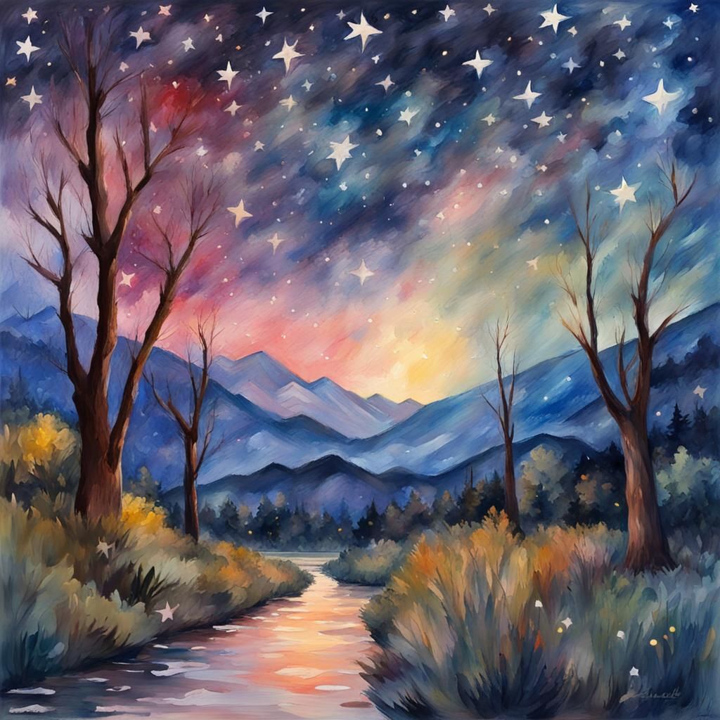 Impressionist Starry Night in Gouache Style