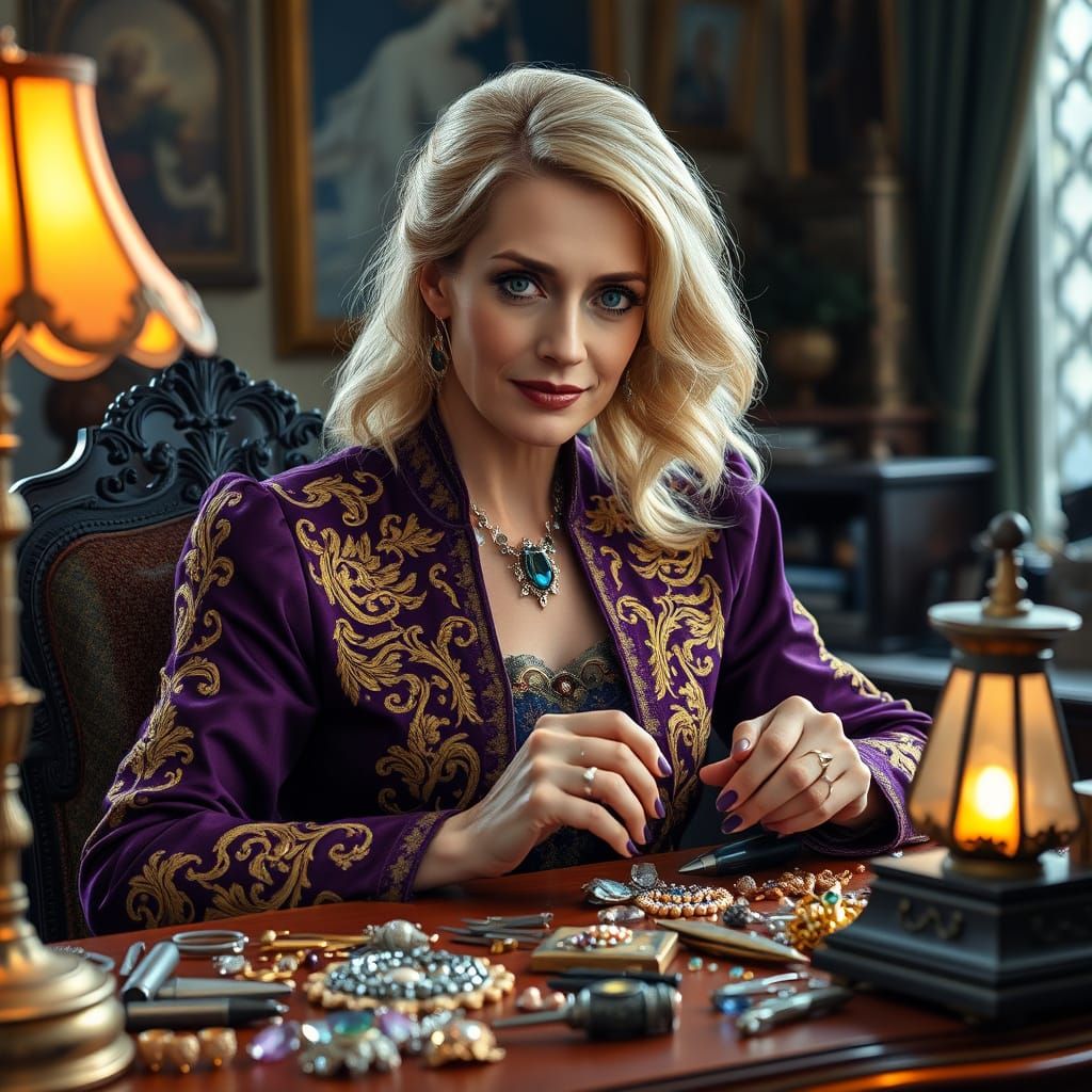 Elegant Woman Crafts Gemstone Jewelry in Castle Office