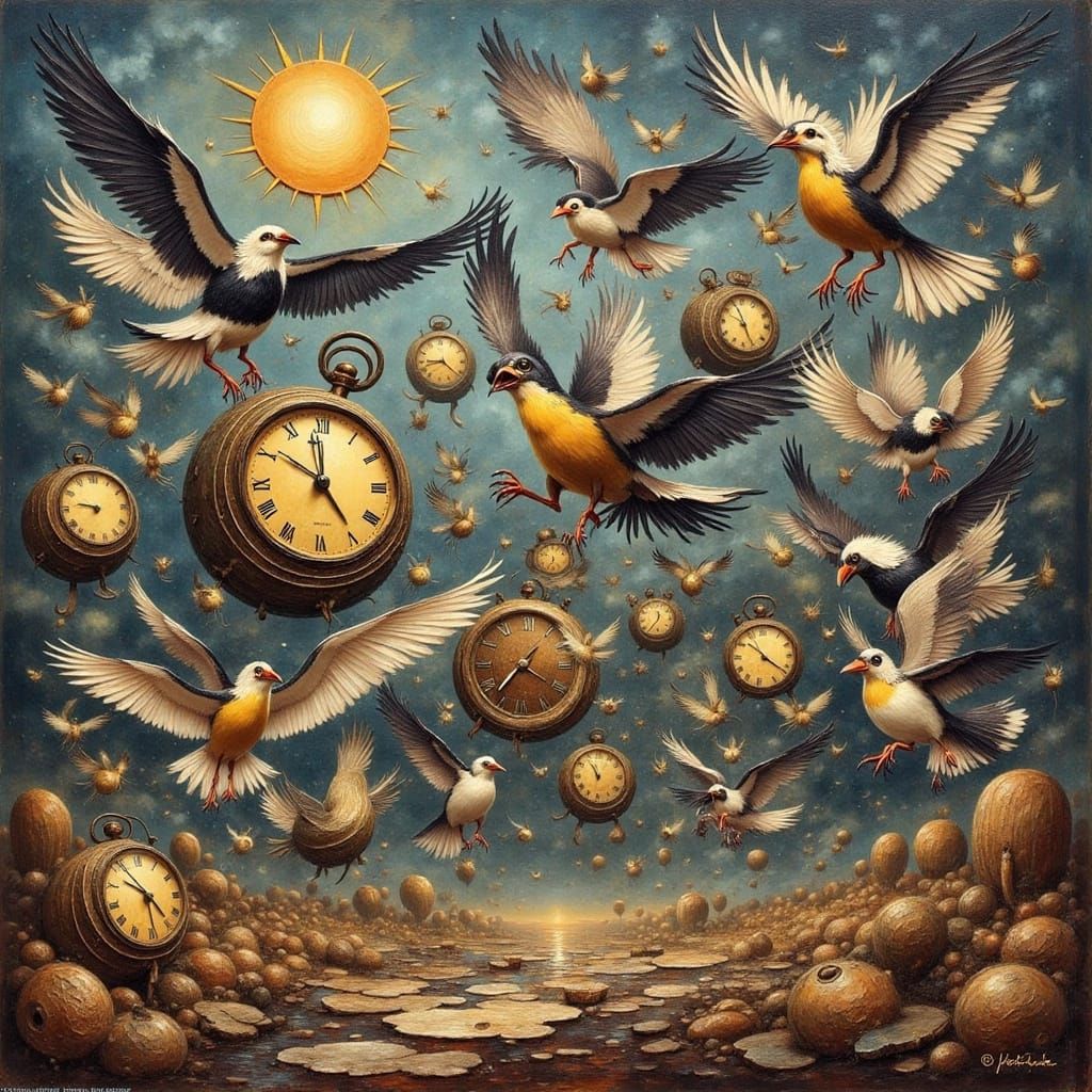 Dreamlike Birds in Flight, Amidst Melting Clocks and Lightni...
