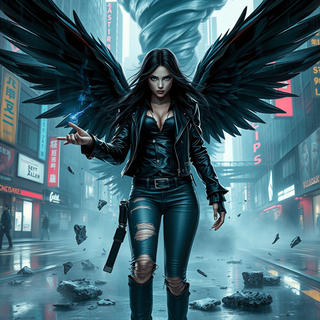 Cyberpunk Warrior Woman with Angel Wings