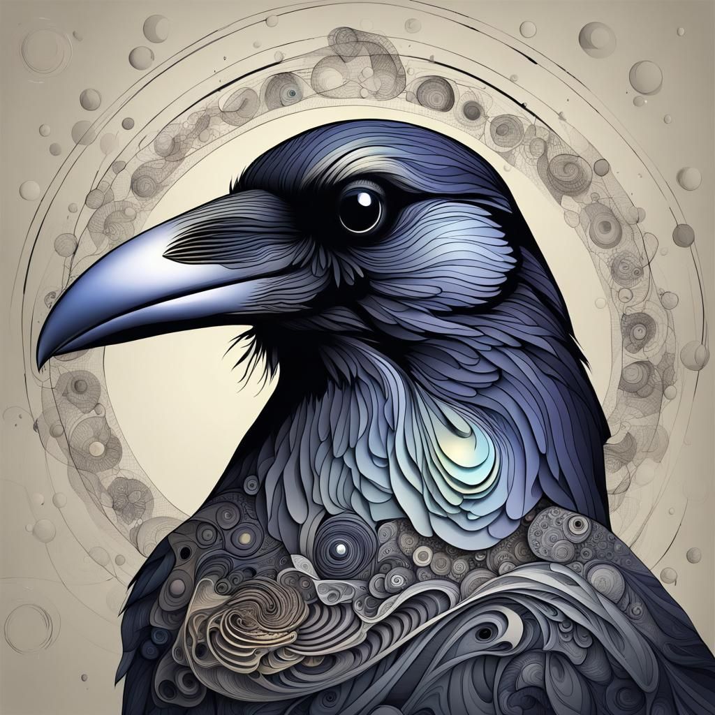 Wise Raven with Monocle in Abstract Fractal Style
