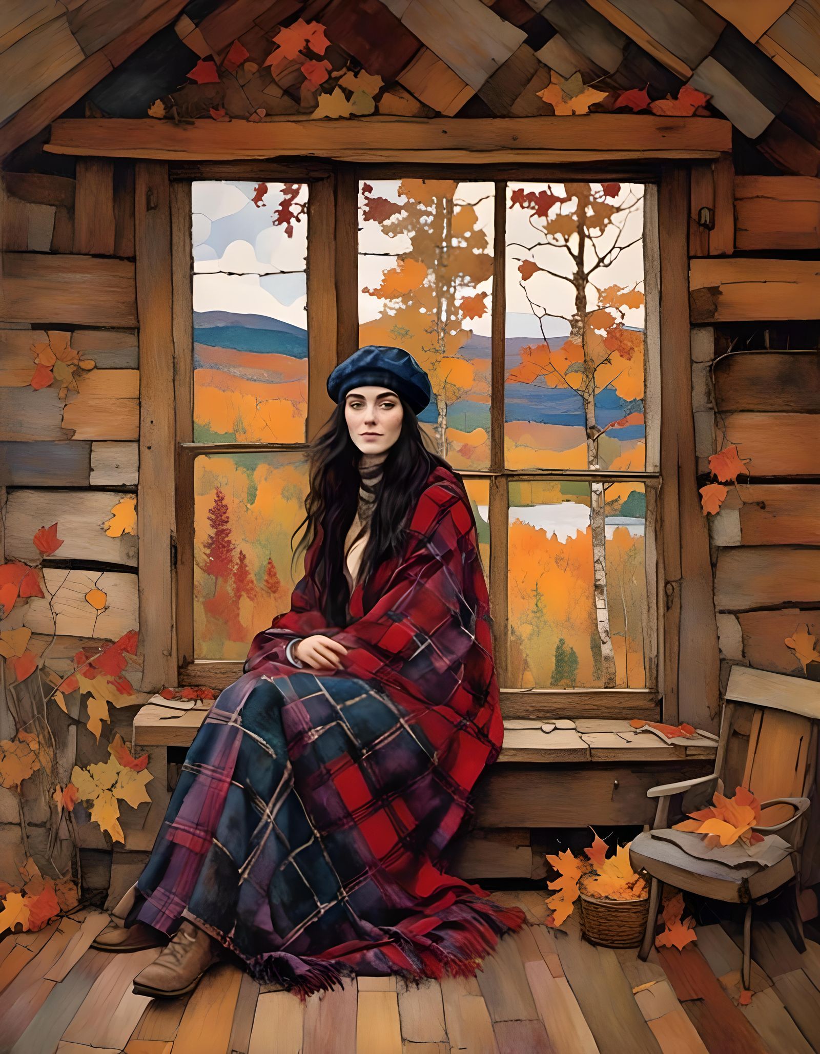 Woman in Cabin with Autumn Birch Forest