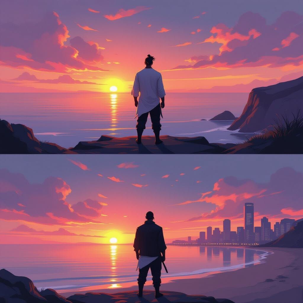 Warrior Contemplating Sunset Over Sea and City