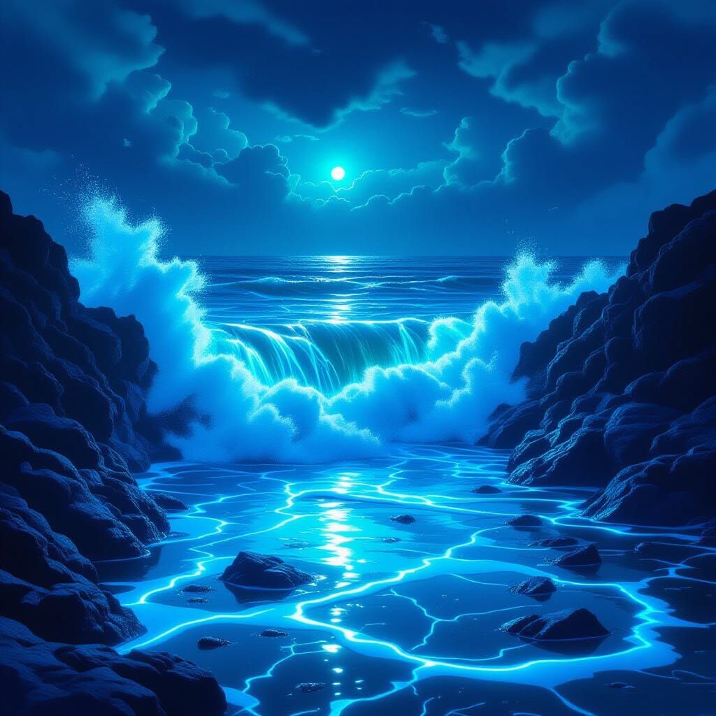 Bioluminescent Algae Glows on Jagged Rocks