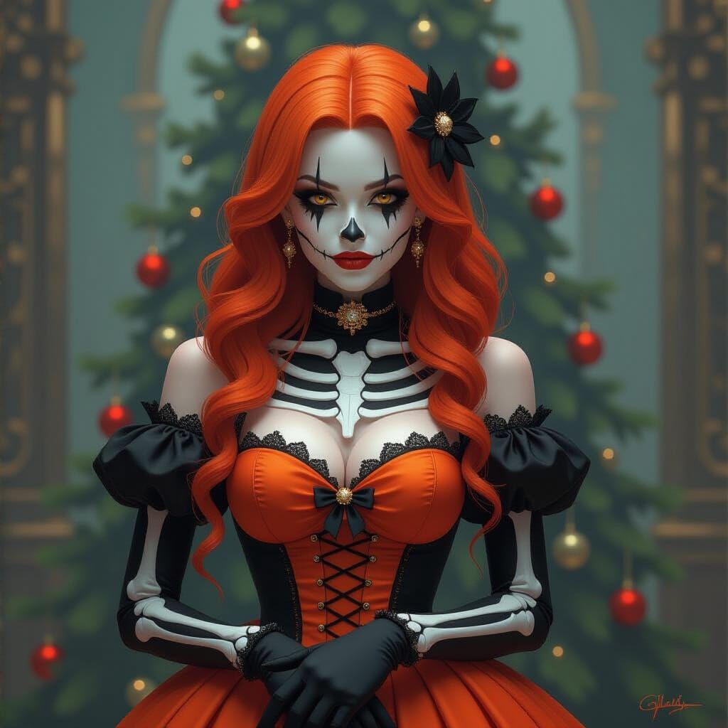 Halloween Skeleton Woman in Festive Dress