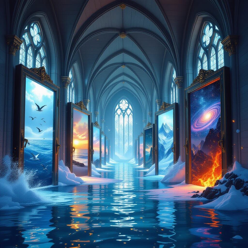 Surreal Cathedral With Floating Environmental Portals