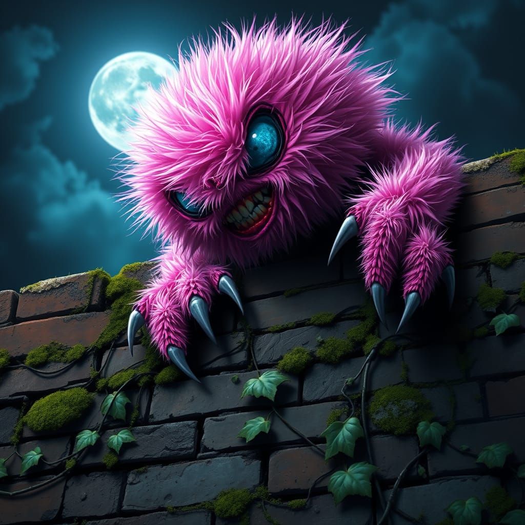 Dark Fantasy Monster Plushie Ascends a Haunted Wall at Night
