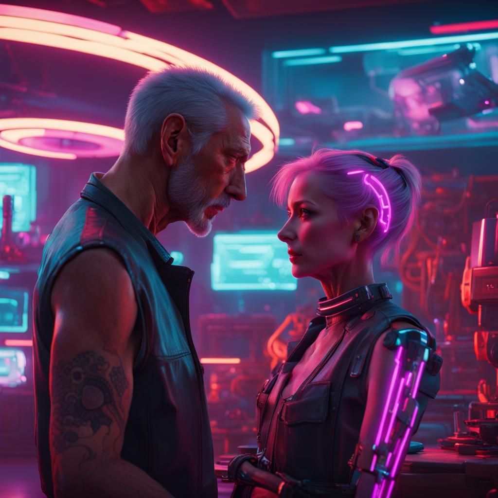 Cyberpunk Mechanic and Hologram in Neon-Lit Workshop