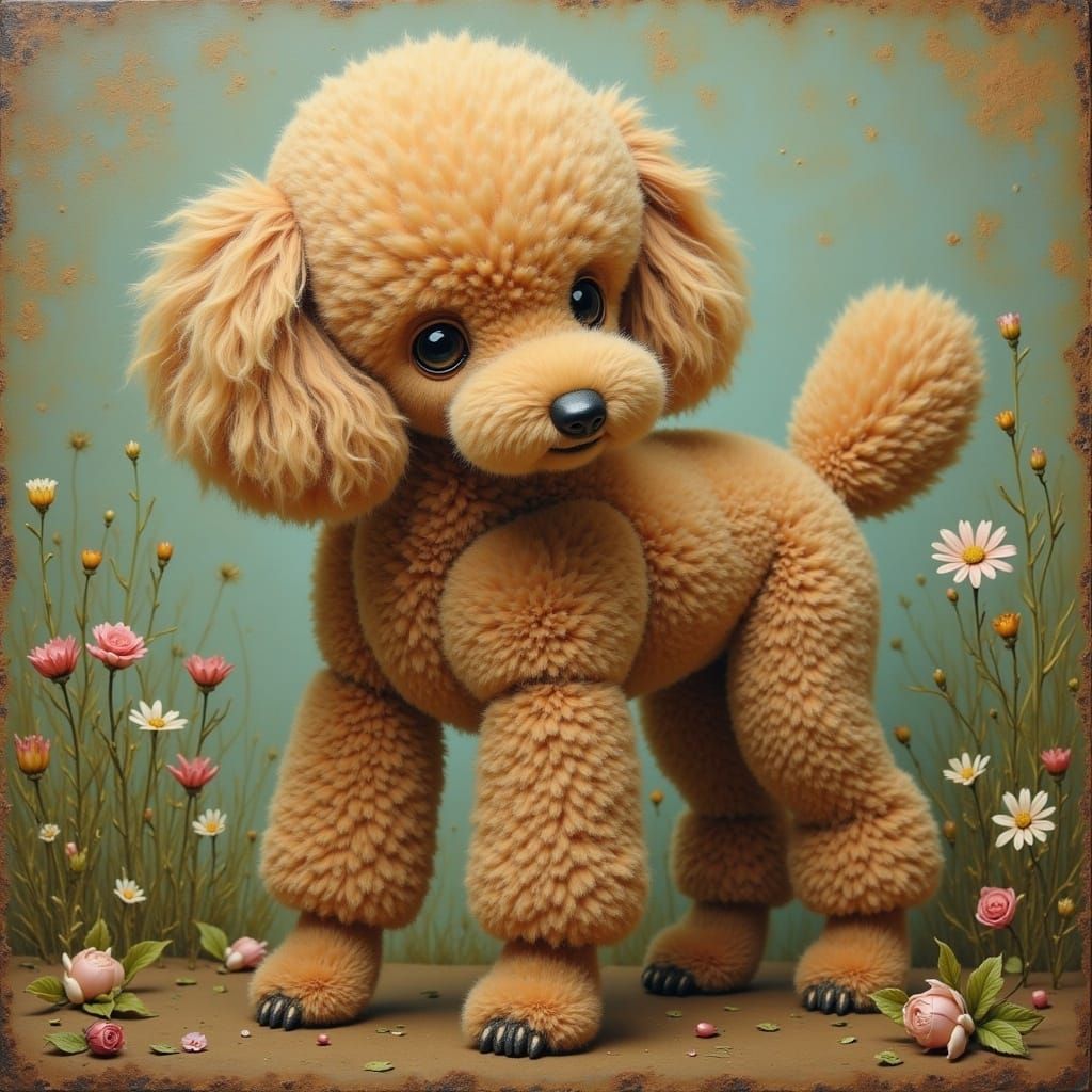 Surreal Robot in Folk-Art Style with Whimsical Poodle Mosaic