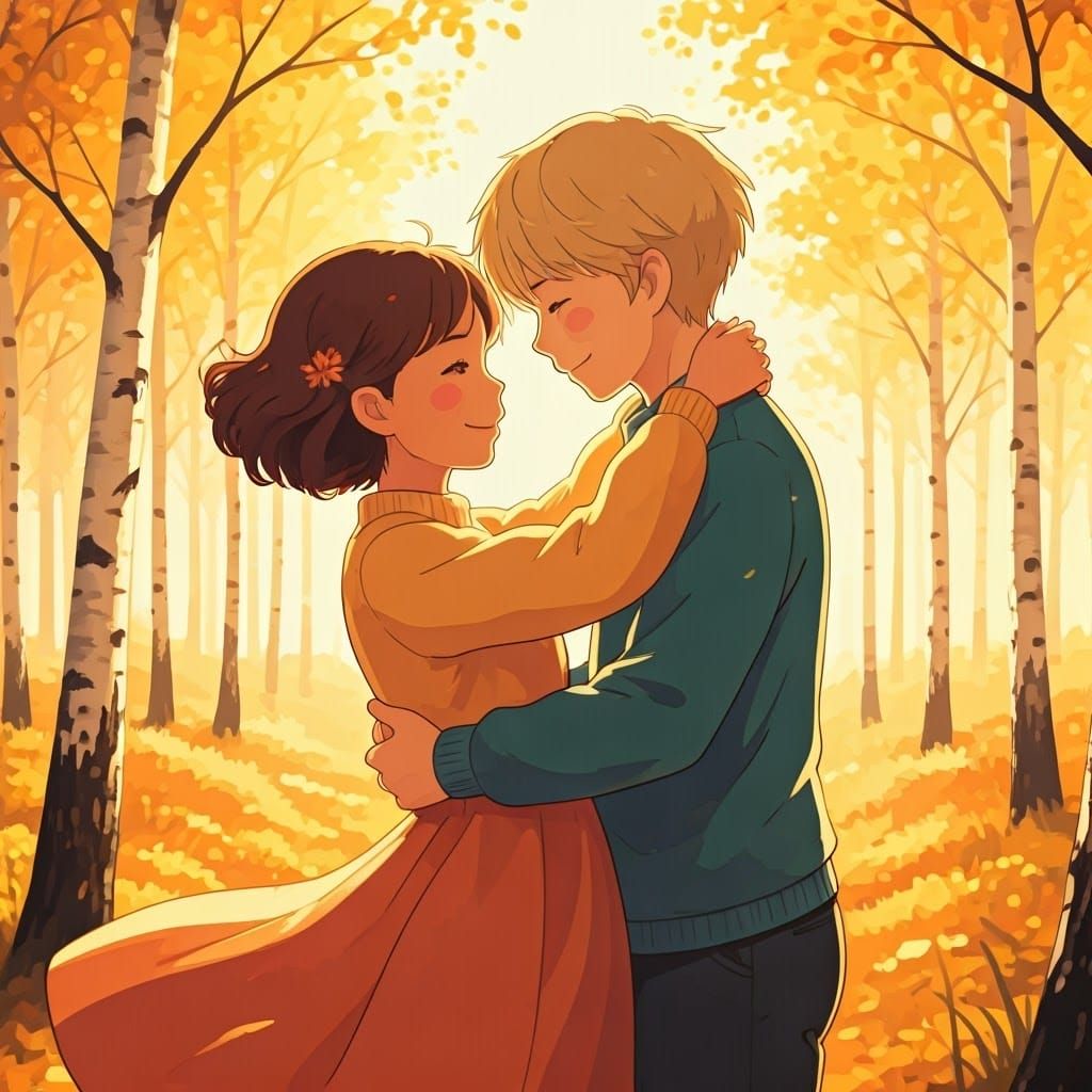 Anime Couple's Enchanted Autumn Dance in Ghibli Style