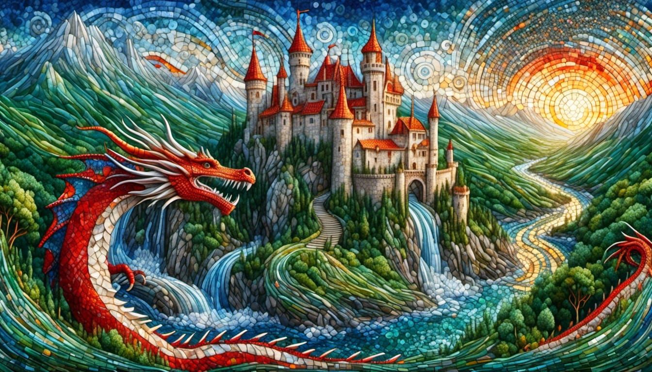 Red Dragon Over Medieval Castle in Mosaic Art