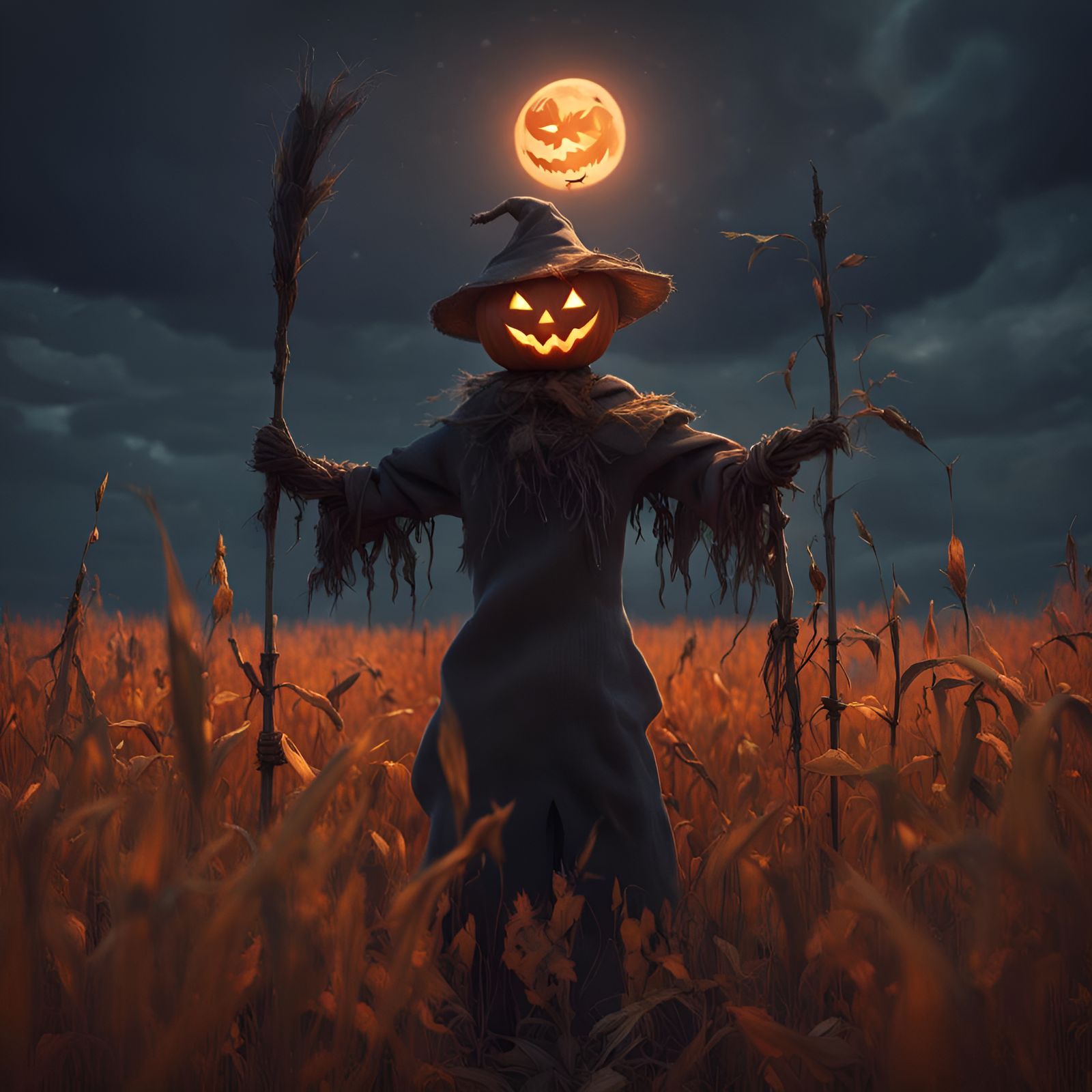 Eerie Halloween Scarecrow in a Cornfield