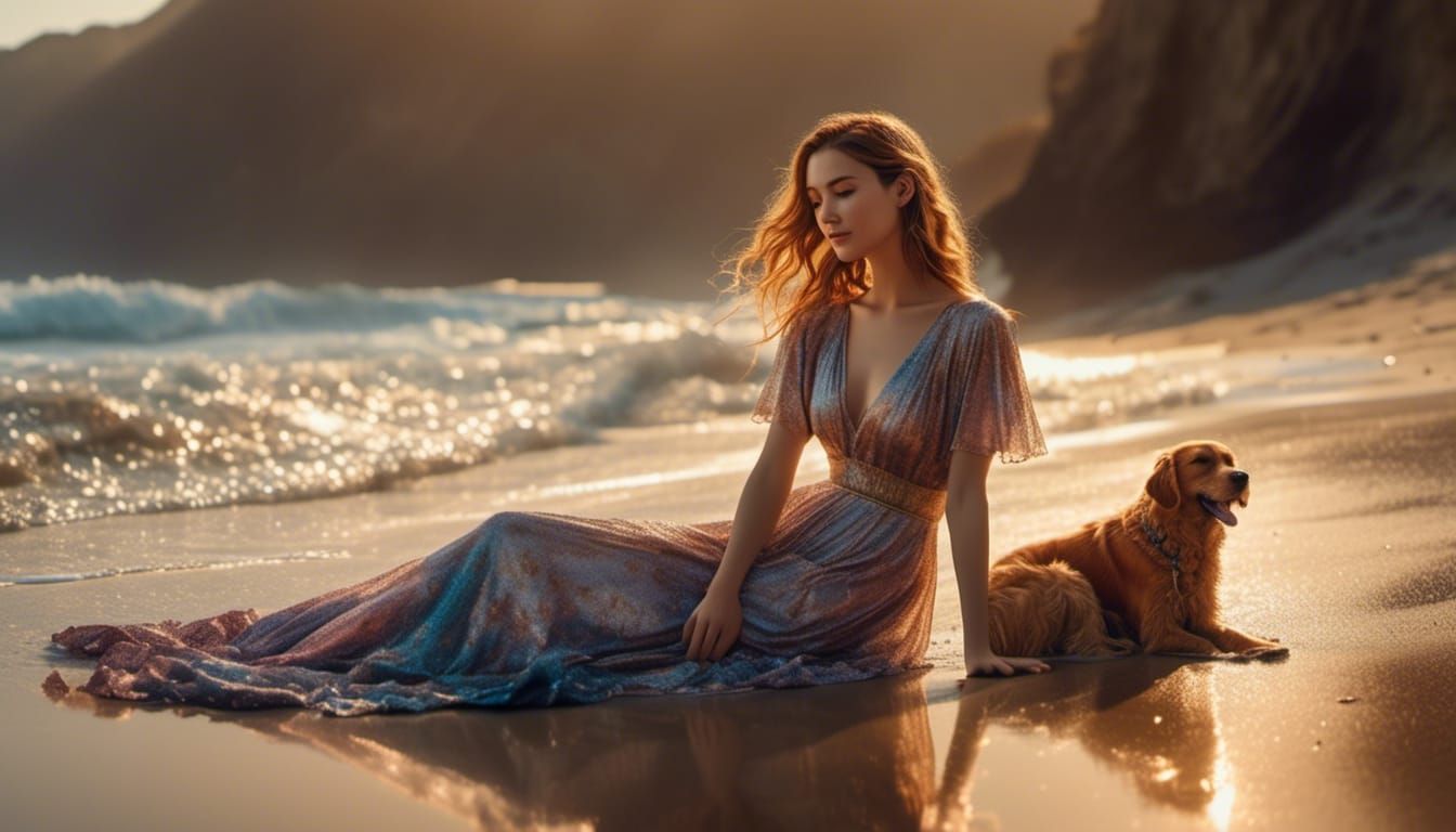 Woman and Dog on Beach in WLOP Style