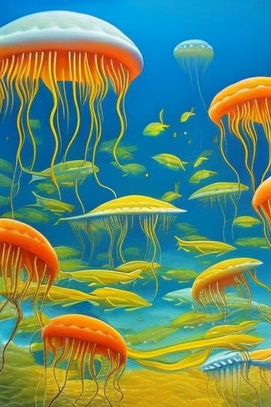 Surreal Yellow Jellyfish Crawling in Underwater Exhibition