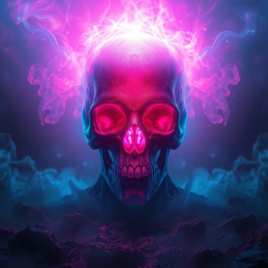Ethereal Neon Skull in Dreamlike Twilight