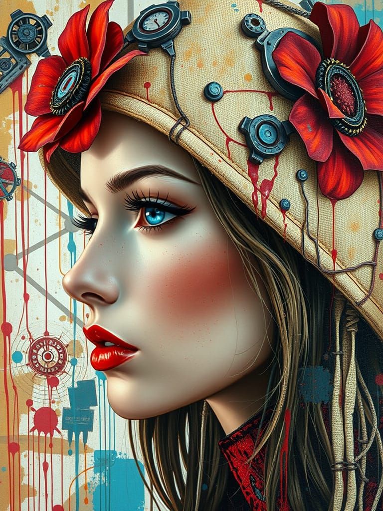 Steampunk Cybernetic Woman with Red Lipstick and Blue Eyes