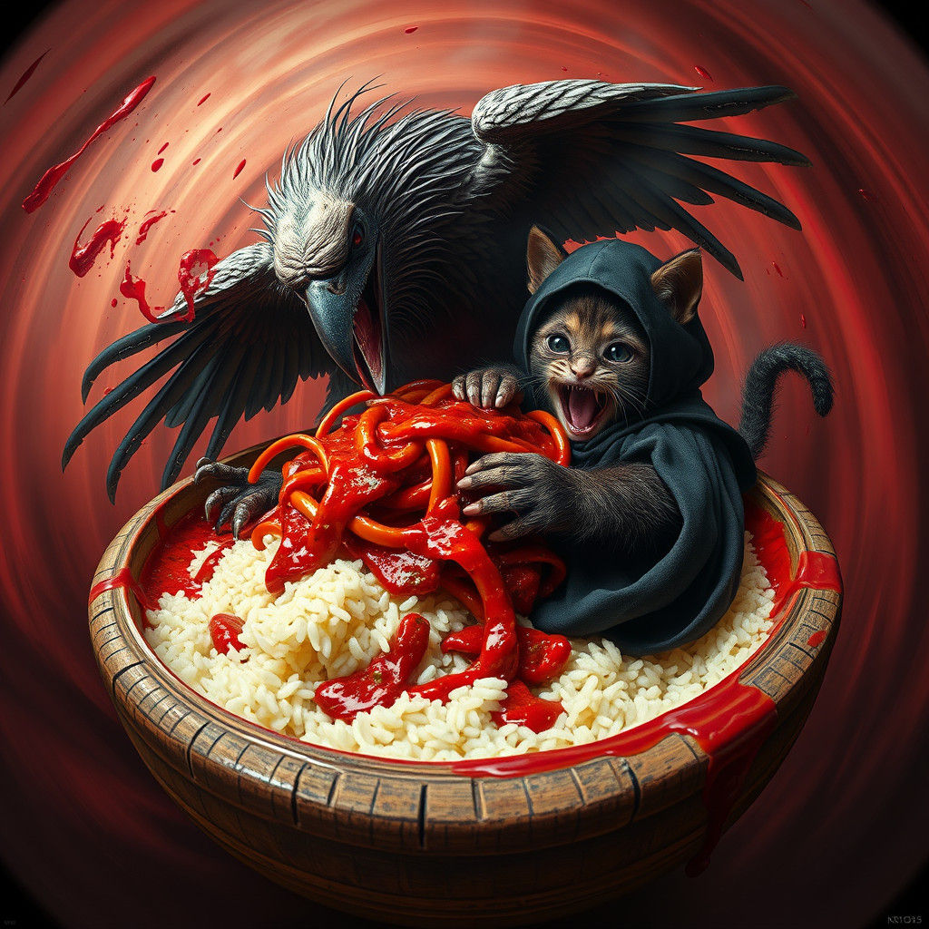 Grotesque Bird and Masked Kitten in Pasta Sauce