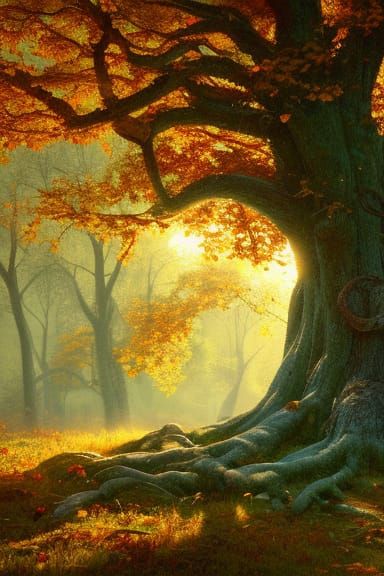 Enchanted Autumn Oak Tree in Romantic Style