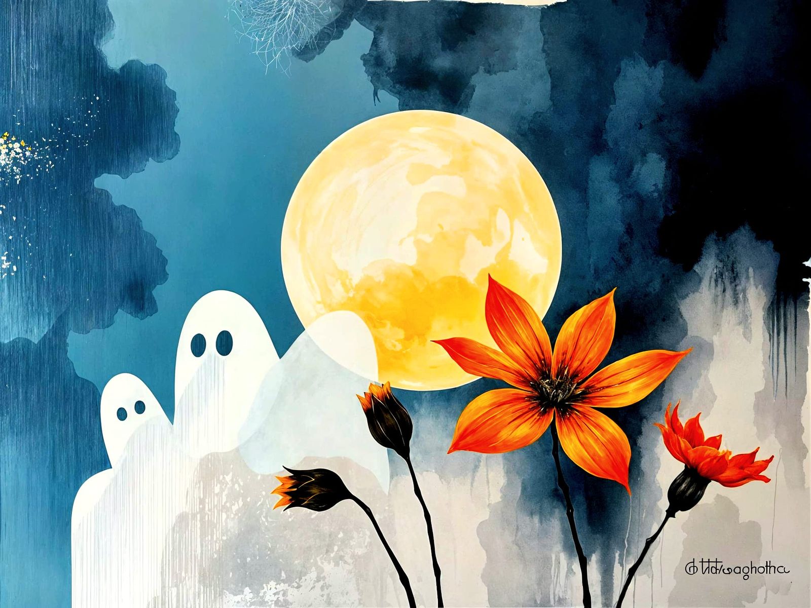 Abstract modern unfinished painting with a grungy texture, featuring neutral colors of blue, orange, yellow, grey, and w...