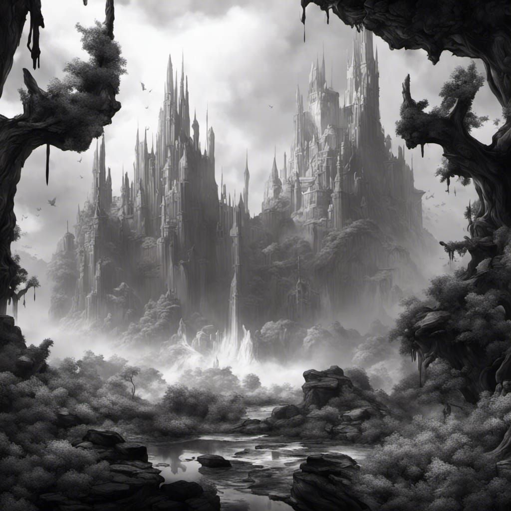 Detailed Black and White Ink Fantasy Art