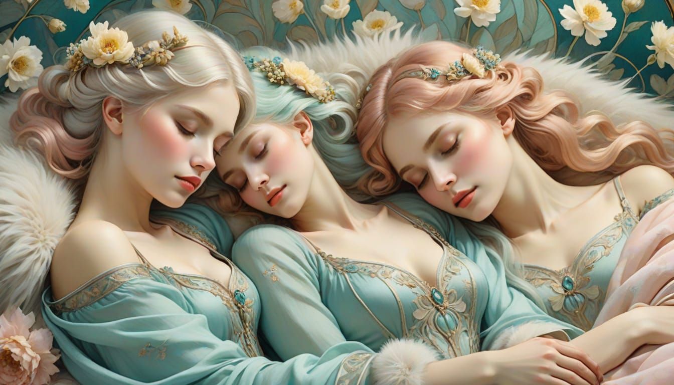 Surreal Art Nouveau Scene of Slumbering Beauties in Soft Pas...