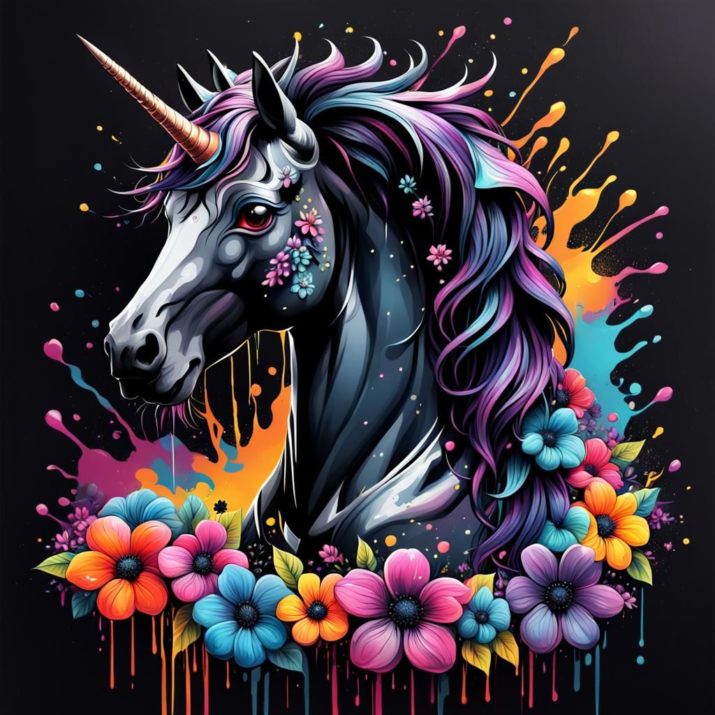 Dark Unicorn with Black Flowers in Graffiti Style