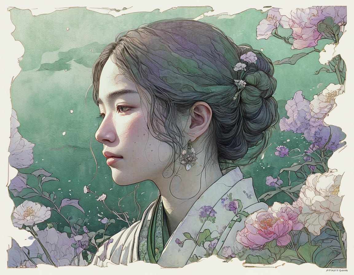Serene Face with Flowers in Watercolour Spring Landscape