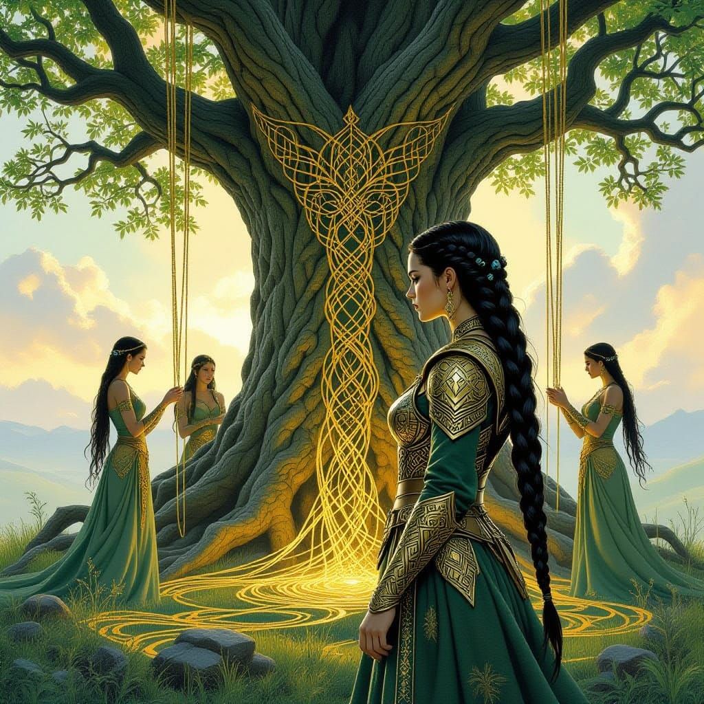Giantess Weaves Golden Armor for Woman Beside World Tree