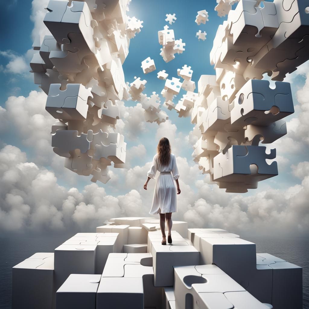 Woman Ascends Sky Using Puzzle Pieces