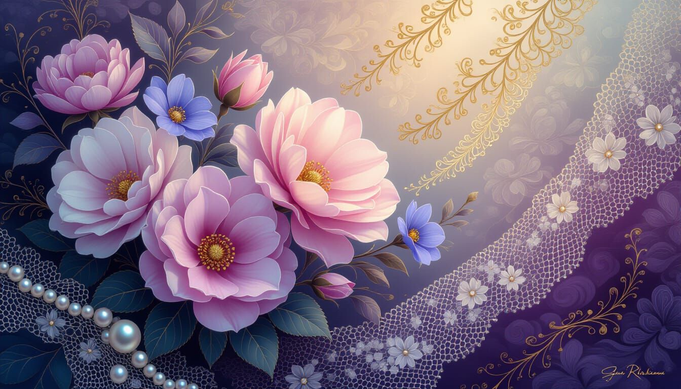 Dreamy Floral Oil Painting with Golden Highlights