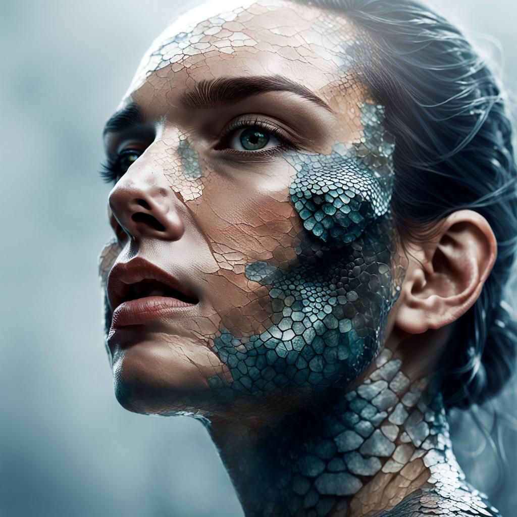 Reptilian Woman: Artistic Photorealism with Double Exposure
