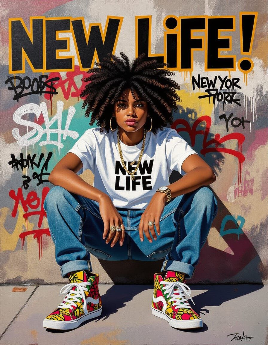 Afrocentric Teenager in Hip-Hop Style with Graffiti Backgrou...