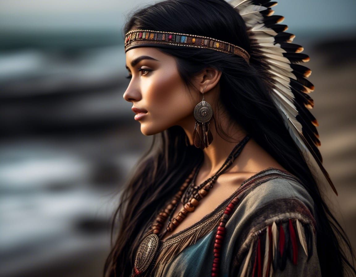 Native American Woman Kissing Soldier: Photorealistic Portra...