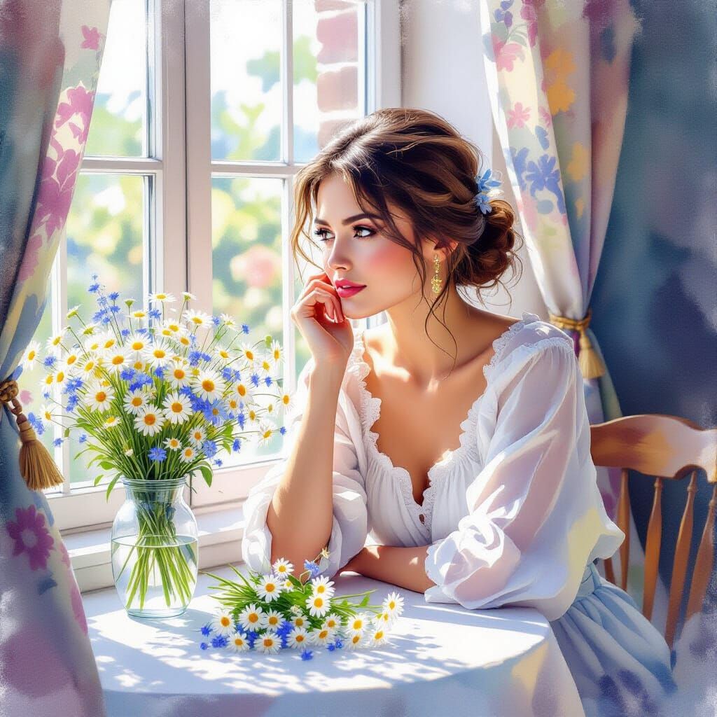 Woman with Flowers in Watercolor Style