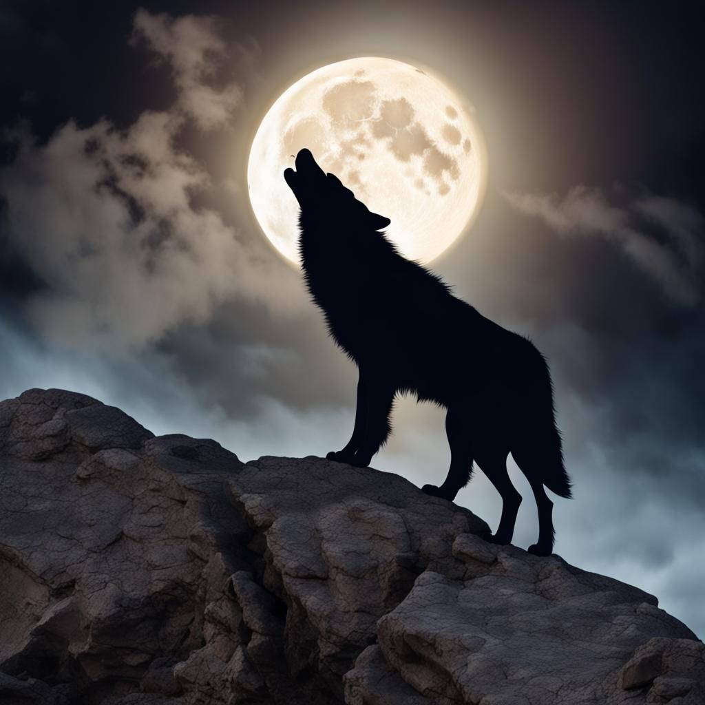 Wolf Howling at Moon Silhouette with Divine Light